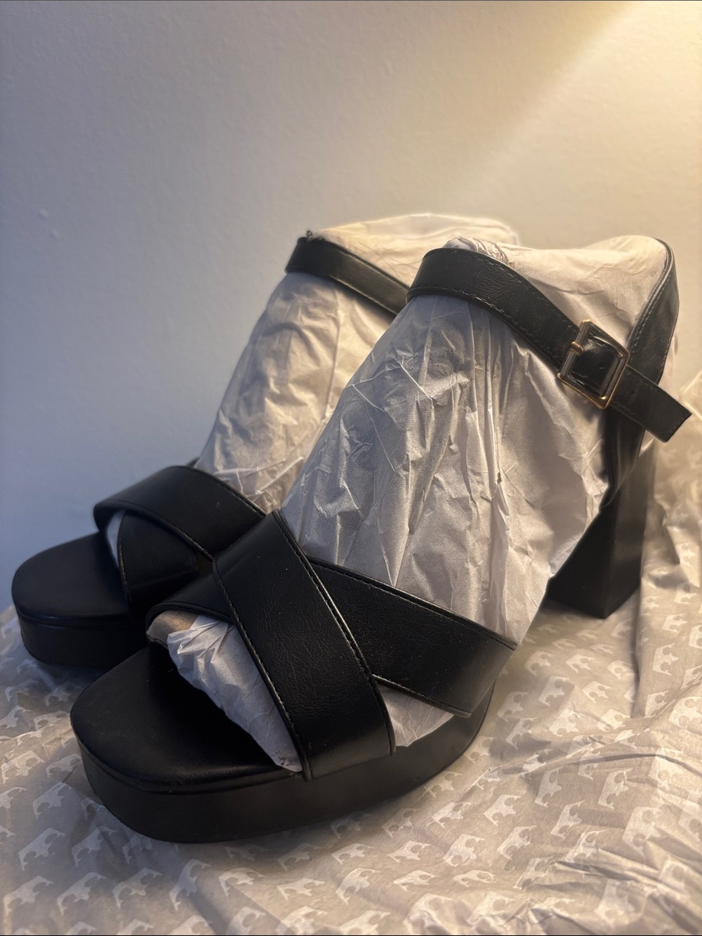 Soda Black Crisscross Platform Block Heel Sandals